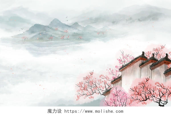 中国风中式庭院水彩中式建筑原创插画海报背景素材
